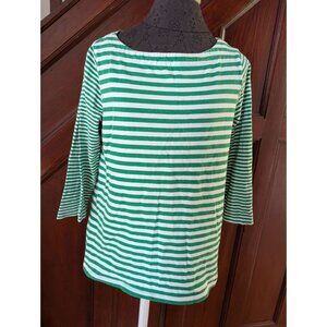 Lands End Womens Green & White Striped 3/4 Sleeve Top Size S Cotton Casual Shirt